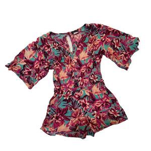 Venus Tropical Floral Print Split Bell Sleeve Romper S